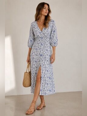 Splendid x Cella Jane Blue Floral Printed Midi Dress XS